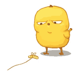a yellow cartoon chicken is standing next to a stick with a bow on it .