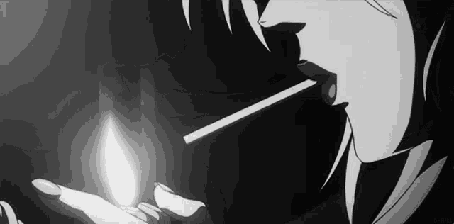 a black and white drawing of a person lighting a cigarette .