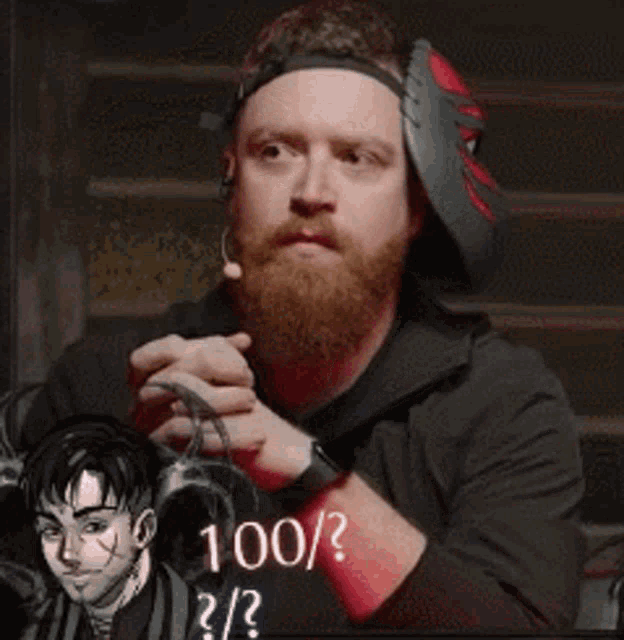 a man with a beard wearing a mask and a jacket that says ' 100 / ? ' on it