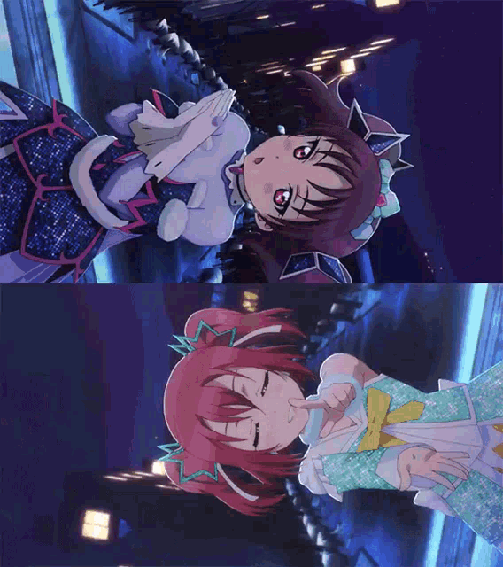 two pictures of a girl with red hair and a cat on her back