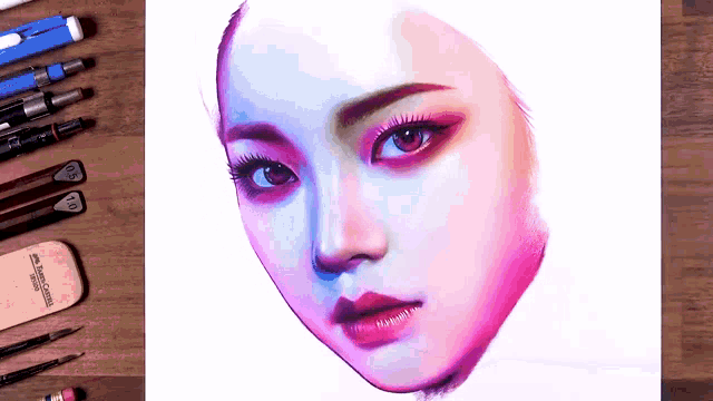 a drawing of a woman 's face with a faber castell eraser in front of it
