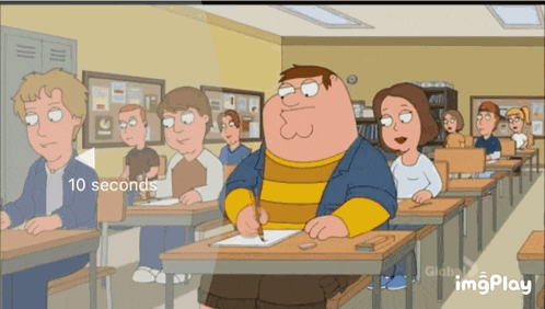 a cartoon of peter griffin sitting at a desk in a classroom with other people