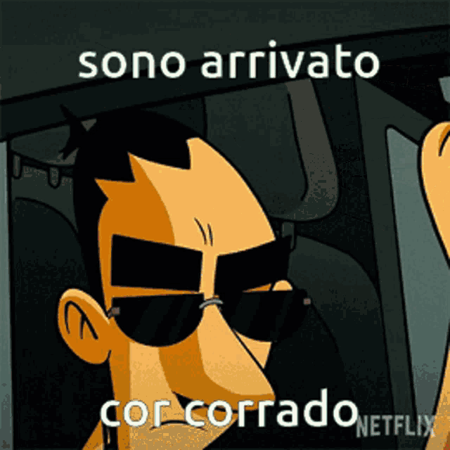 a cartoon of a man wearing sunglasses says sono arrivato cor corrado