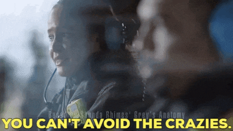 a woman wearing a headset says " you can 't avoid the crazies "