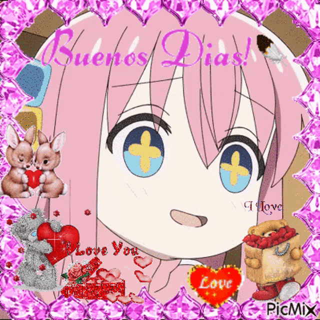 a picture of a girl with pink hair and the words buenos dias