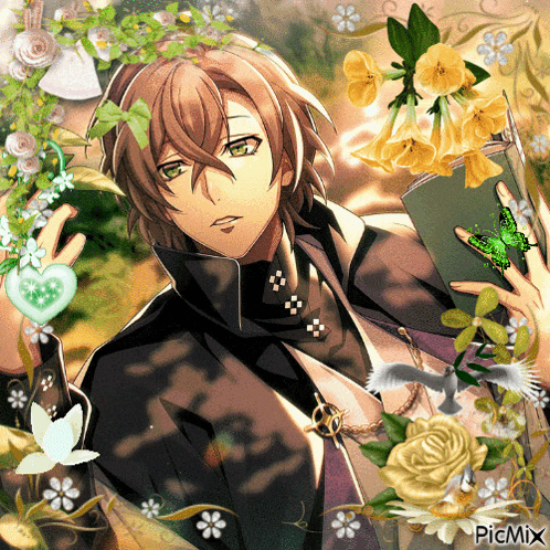 a picture of a man surrounded by flowers and butterflies with the words picmix on the bottom