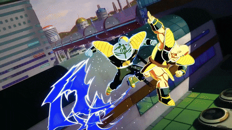two cartoon characters are fighting in front of a building that has a sign on it that says ' stamina '