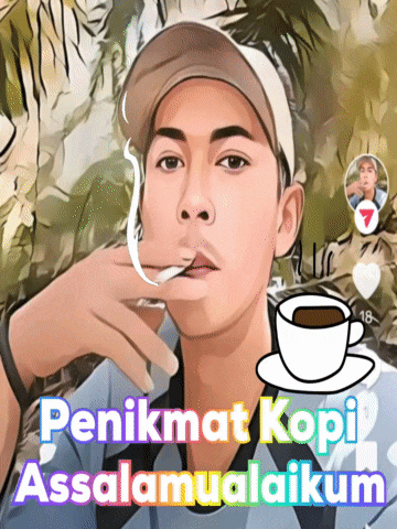 a cartoon of a man smoking a cigarette next to a cup of coffee that says penikmat kopi assalamualaikum