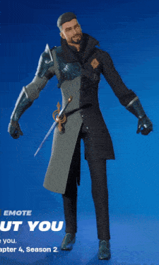 a man in a trench coat and gloves is standing in front of a blue background that says emote but you