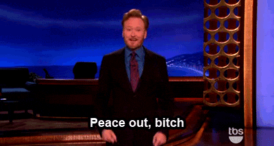 a man in a suit says peace out bitch on a stage