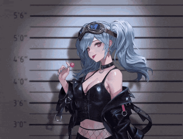 a girl with a lollipop stands in front of a police line up