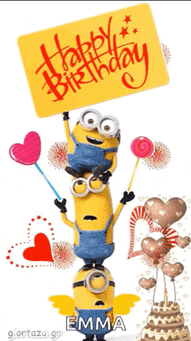 a stack of minions holding a sign that says happy birthday emma