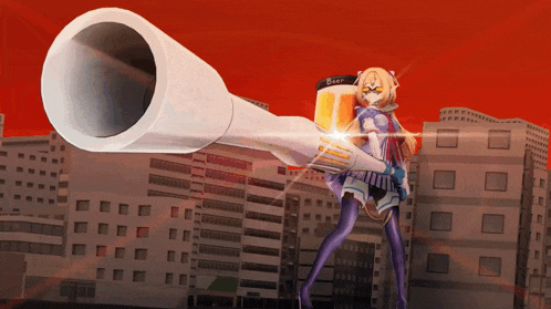 a girl holding a cannon with a sign that says beer