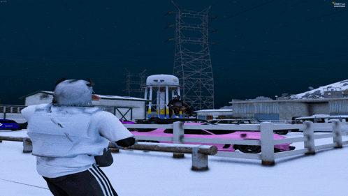 a screenshot of a video game shows a water tower and cars in the snow