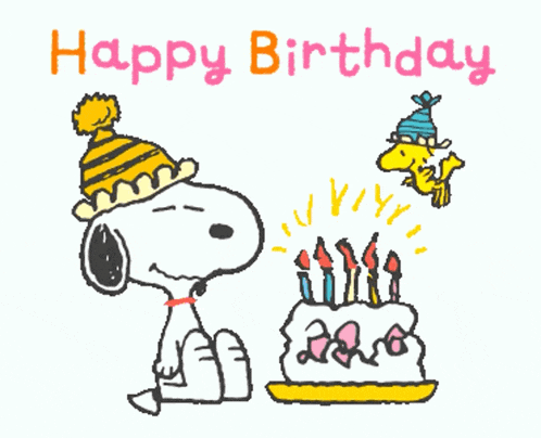 a cartoon of snoopy and woodstock celebrating a birthday with a cake