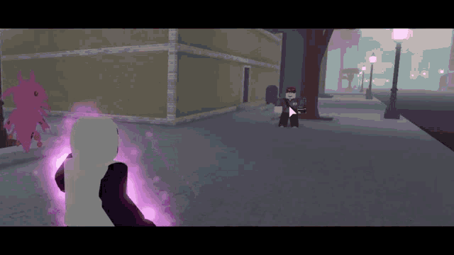 a person in a video game is standing in front of a building with a purple monster behind them .