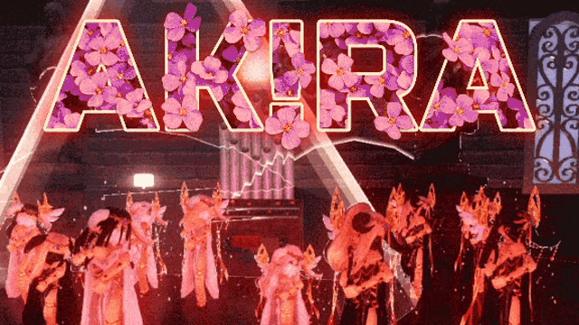 the word akira is surrounded by pink flowers on a red background