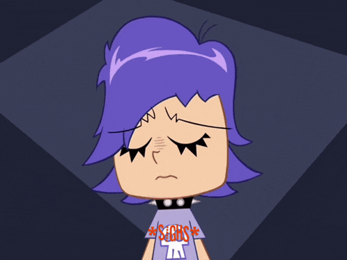 a cartoon character with purple hair is wearing a shirt that says sashs records