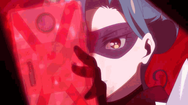 a woman in a purple mask is looking at a red background with the letter b on it