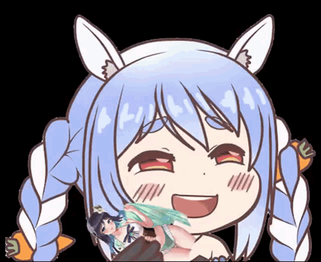 a cartoon drawing of a girl with bunny ears holding a doll