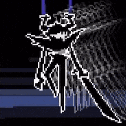 a pixel art drawing of a person holding a sword in a dark room .