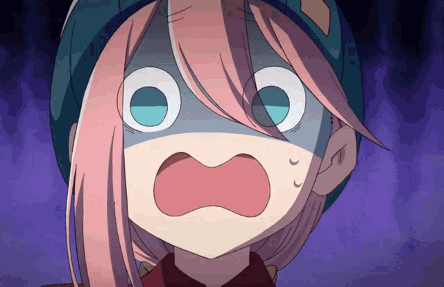 a girl with pink hair and blue eyes looks surprised