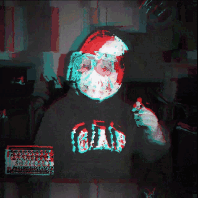 a person wearing a gap hoodie with a santa mask on
