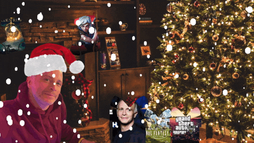 a man in a santa hat is standing in front of a christmas tree