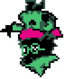 a pixel art of a cartoon character holding a gun