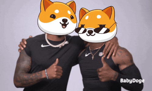 two men are posing for a picture with their arms around each other with a babydoge logo in the corner