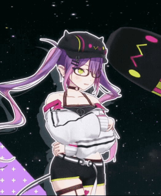a girl with purple hair and glasses is wearing a black cat hat