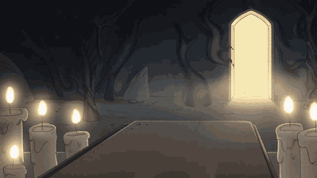a cartoon drawing of a room with candles and a doorway