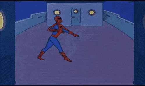 a cartoon of a man in a spiderman costume standing on a balcony .