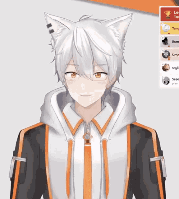 a boy with white hair and a cat ear is smiling in front of a trophy that says top