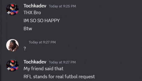a screenshot of a conversation between tochkadev thx bro and btw
