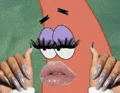 a close up of a person 's hands holding a spongebob squarepants character with long nails and purple eyes .