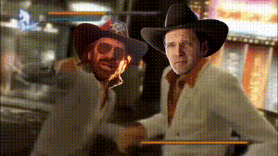 a man in a cowboy hat is shaking hands with another man in a white suit