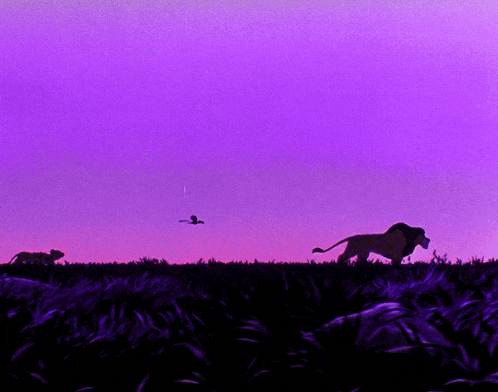 a purple sky with a few birds flying in the distance