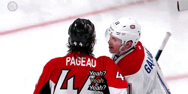 a hockey player named pageau is talking to another player on the ice