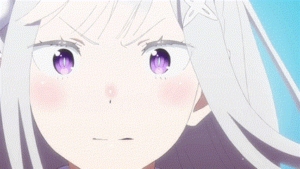 a close up of a girl with white hair and purple eyes holding a sword in her mouth .