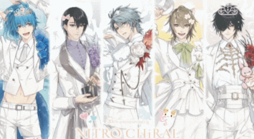 a group of anime characters standing next to each other with the word nitro on the bottom left