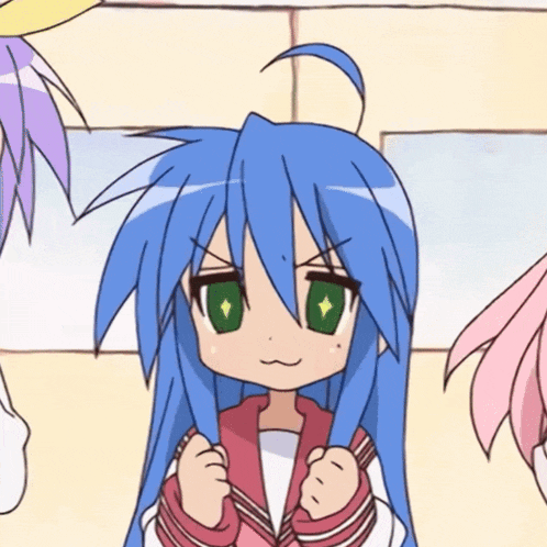 a cartoon girl with blue hair and green eyes is making a funny face