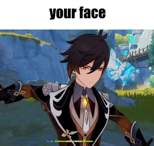 a picture of a video game character with the words your face above him