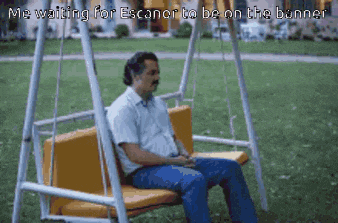 a man sits on a swing with the words " me waiting for escanor to be on the banner "