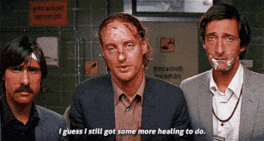 three men are standing next to each other and one of them says i guess i still got some more healing to do