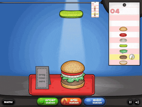a computer screen shows a hamburger on a red tray with the words order station grill station and build station below it