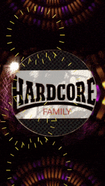a poster for hardcore family shows a purple and gold background