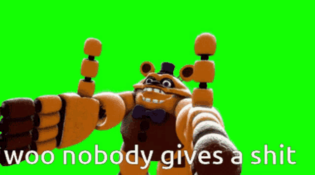 a cartoon character with the words woo nobody gives a shit on the bottom