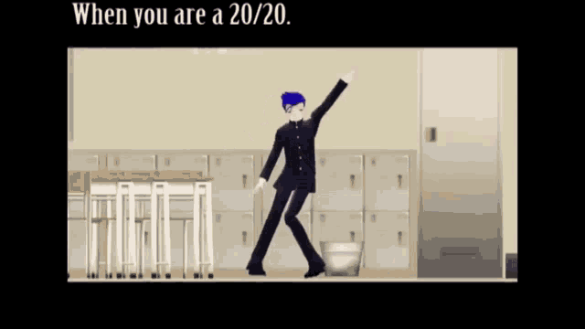 a cartoon character is dancing in a classroom with the words " when you are a 20/20 " below him