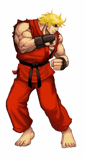 a pixel art of a man in a red karate outfit